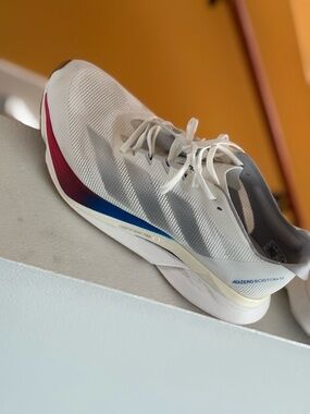 adidas adizero Boston 12 White Running Shoe with Blue & Pink Gradient Midsole